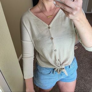 TRY! THIS 3/4 sleeve button tie front V-neck